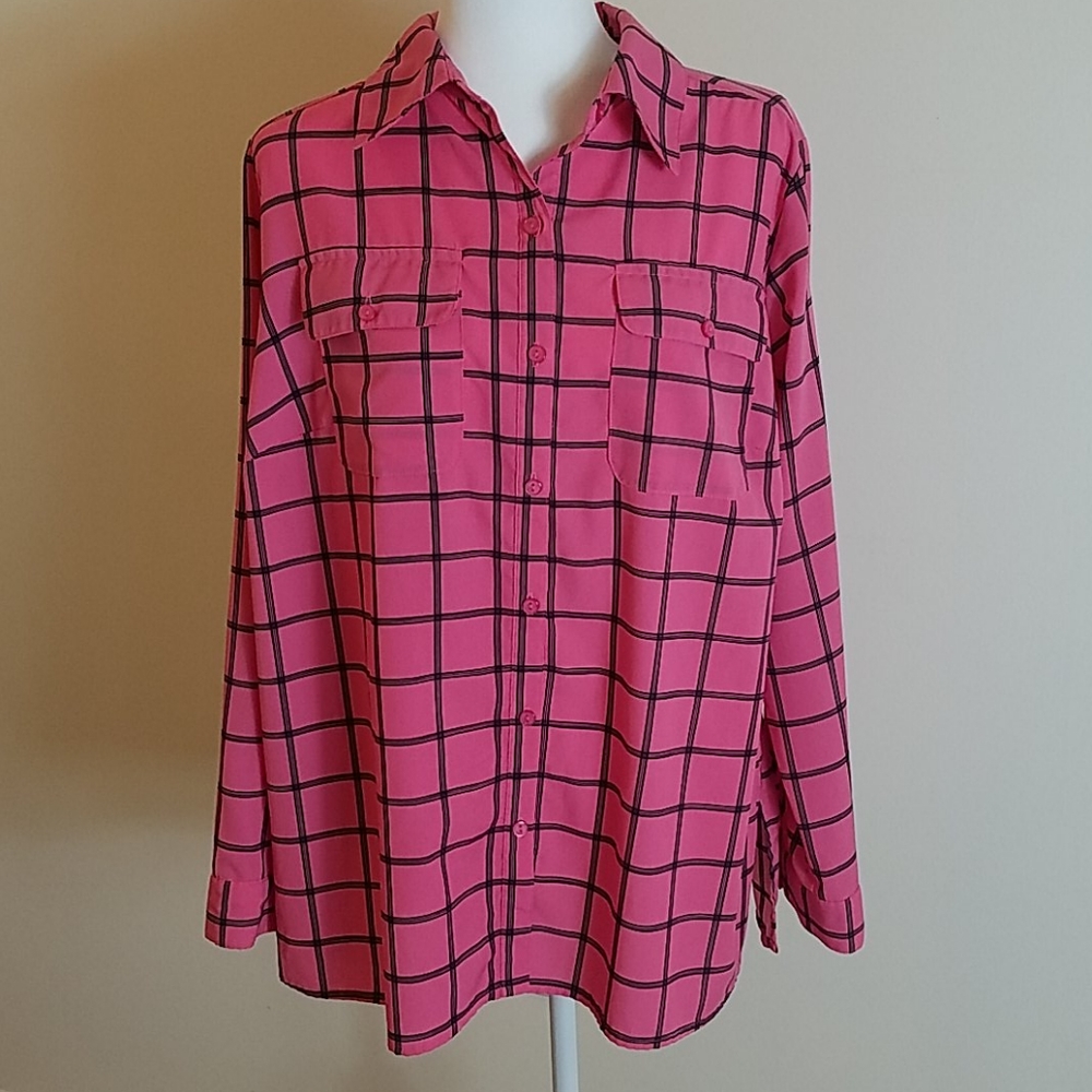 Studio Works pink and black striped plaid top